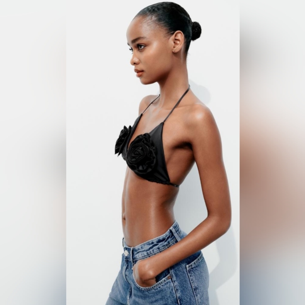 Zara Black Floral Detail Bikini Top - Picture 5 of 9